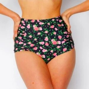 Floral High-Waisted Black And Pink Bikini Bottoms Medium
